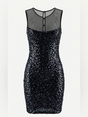 TATU Black Sequin Mesh Yoke Cocktail Mini Dress - Made in Turkey - Size 2